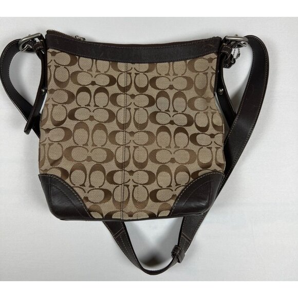 Coach Women Medium Signature Monogram Canvas Leather Trim Shoulder Bag Brown - Picture 2 of 7